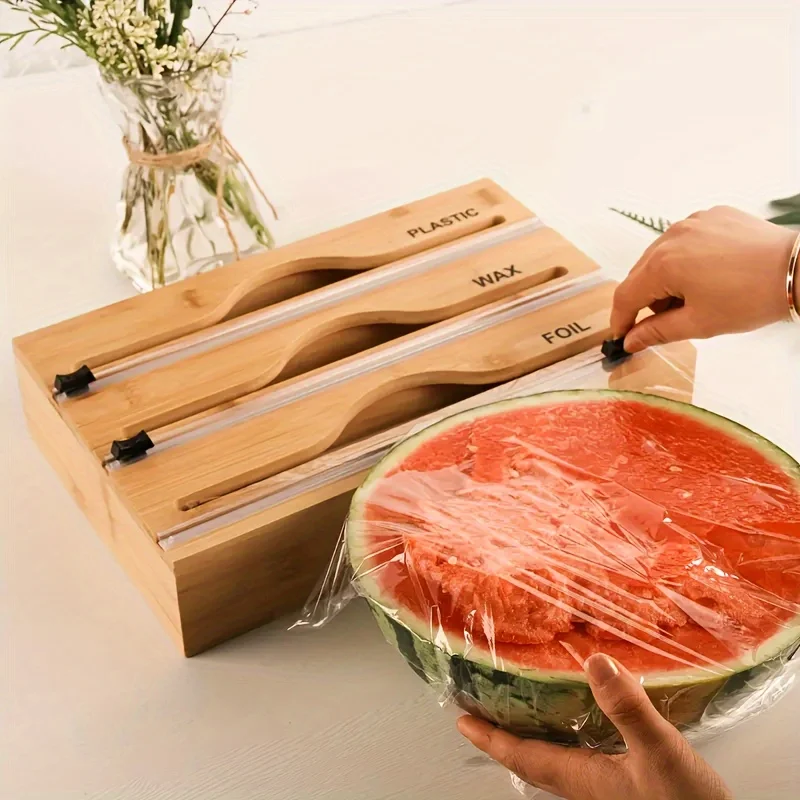 1pc Storage Box,3 In 1 Bamboo Wrap Organizer With Cutter And Labels,Aluminum Foil Film Storage Dispenser,For Kitchen Drawer 1