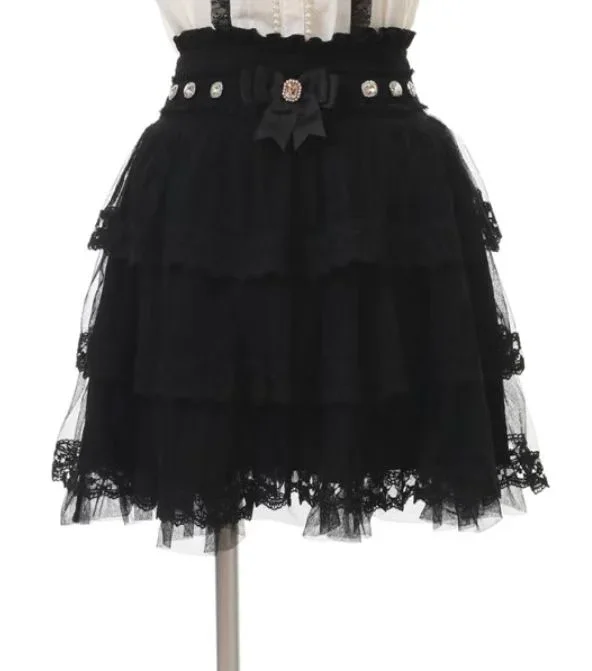 Japanese Mine Bow Skirt for Women Spring Summer Lolita Style Sweet Mesh Mini Skirt Female Kawaii Pink Black Skirt