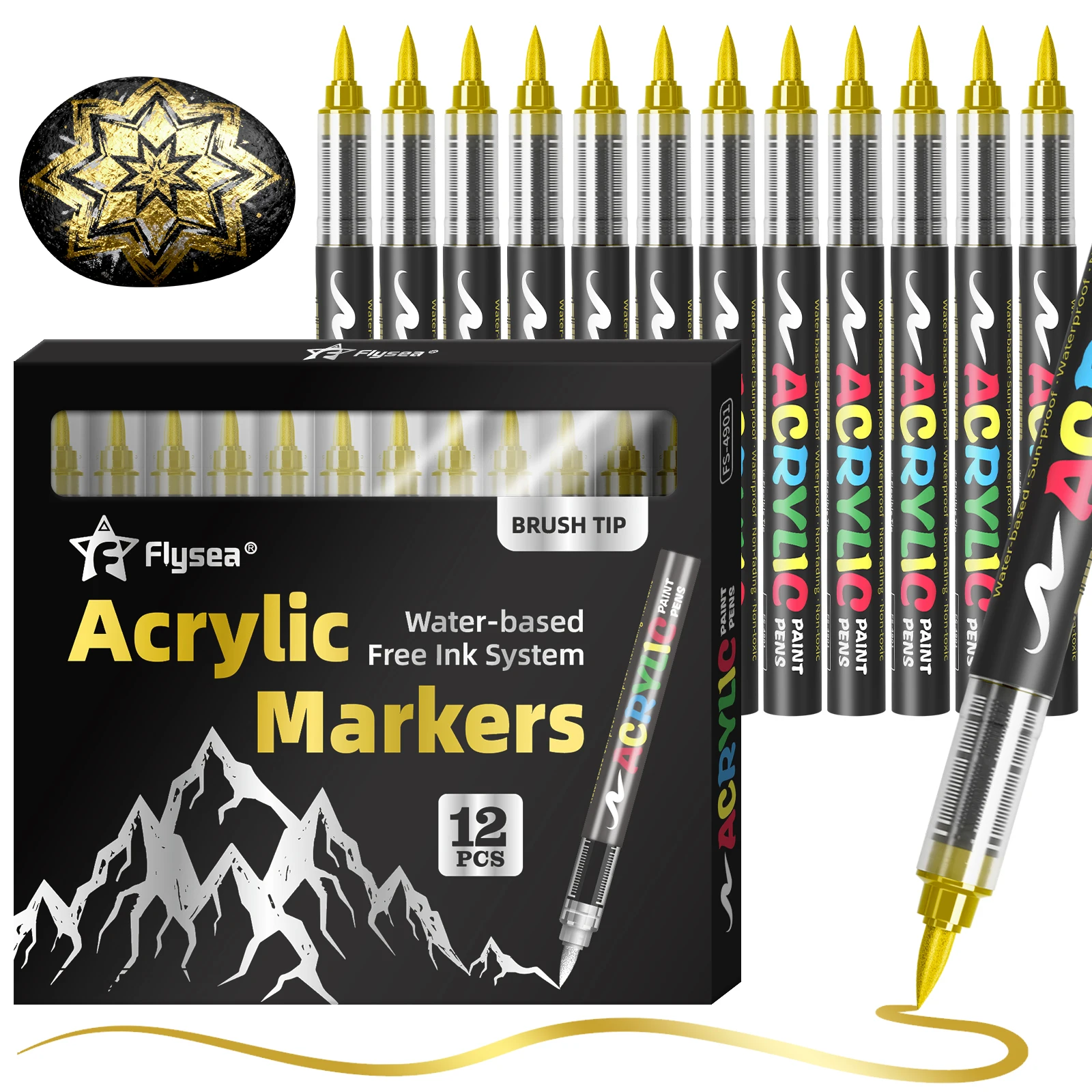 12 Stück Farbstifte Acrylmarker - Schwarz, Weiß, Gold, Silber, Weiche Pinselspitze Wasserbasierte Markerstifte für Steinmalerei, Holz – Detail 12