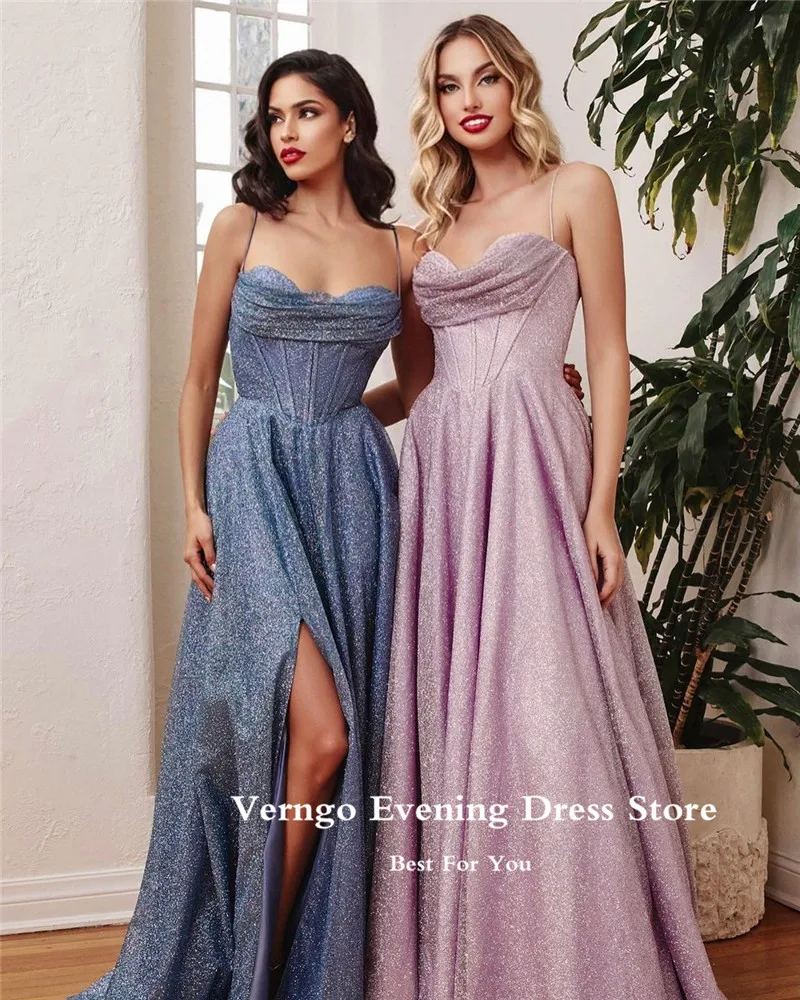 Women Prom Dresses Verngo Dusty Blue Glitter Evening Dress Shiny Spagetti Straps Tulle Prom Dress Fitted Slim Split Party Gown
