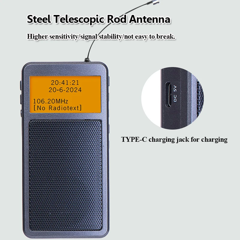 Mini Portable Bluetooth Radio Pocket DSP FM Stereo Radios Wireless Bluetooth Speaker with Alarm Clock Backlight Screen Rechargea