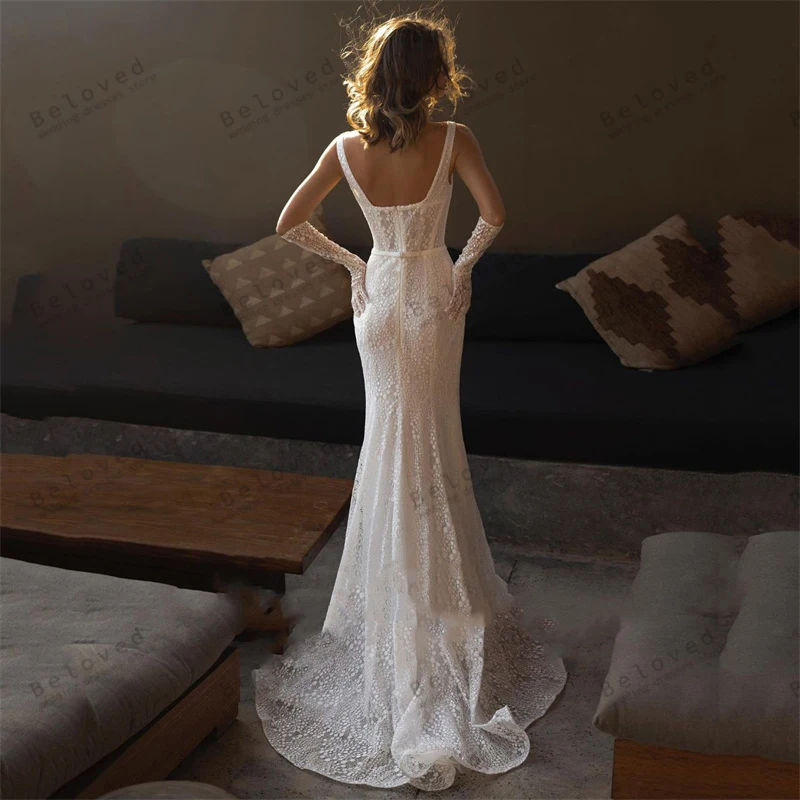 Modern Wedding Dresses Square Collar Bridal Gowns Spaghetti Straps Robes Lace Appliques Vintage Vestidos De Novia Customized 2