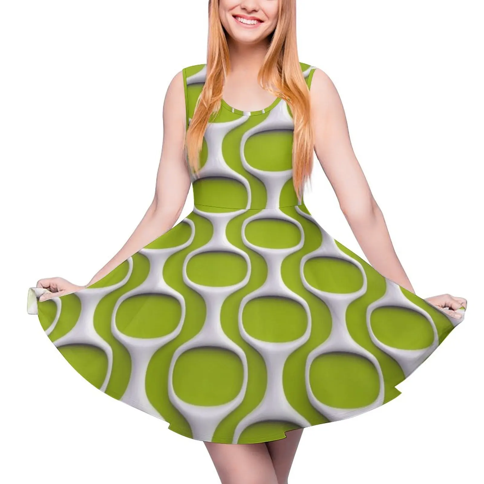 Retro MOD 60s Pattern on Green Sleeveless Dress dress for women womans clothing Female clothing