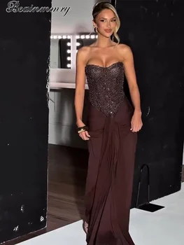 Chic Sequins Lace Up Dress Women Cinched Waist Strapless Patchwork Pleated Sleeveless Maxi Gowns 2025 Summer Evening Party Robe 1