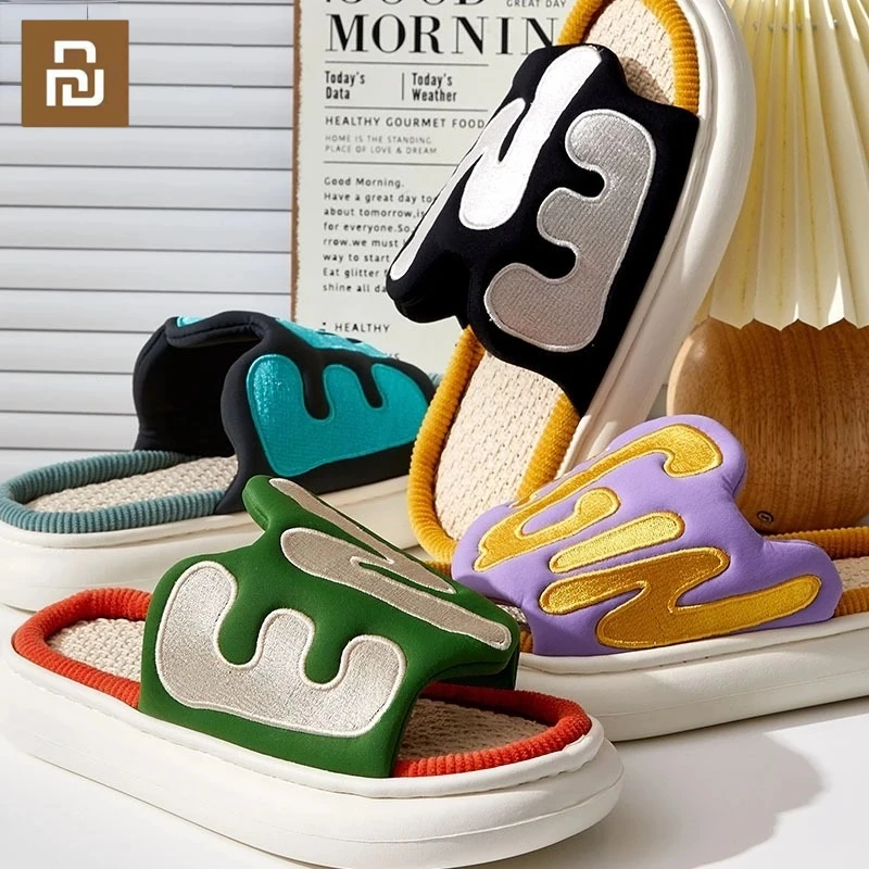 

Youpin Flax Slippers Ladies Shoes Embroidered Letters Comfortable Anti-Slip Women Home Slippers Fashion Indoor Bedroom Sandals