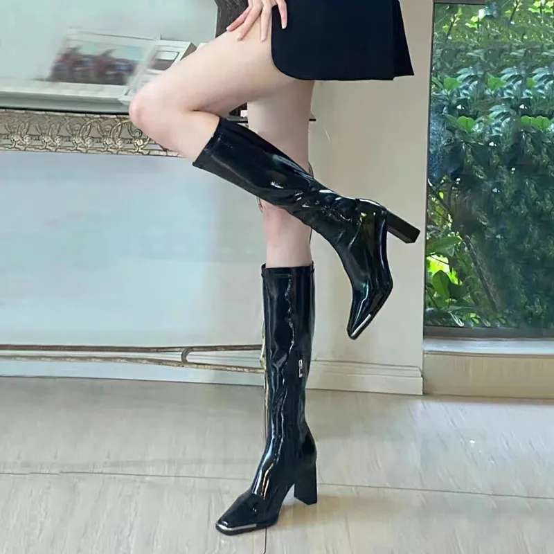 

Женские ботинки челси из лакированной кожи, с квадратным носком, на высоком каблуке