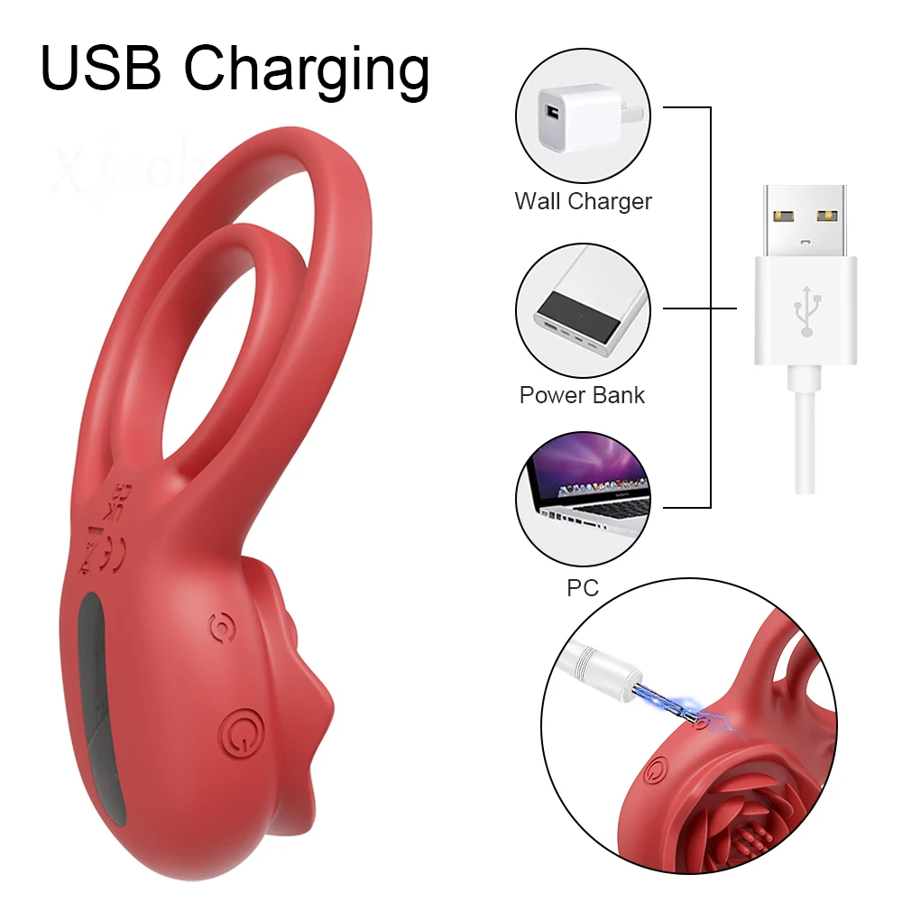 Rose-Toy Cock Ring Cockring Vibrator for Men Lock Penis Ring Ejaculation  Delay Remote Control Clit Stimulation Sex Toy for Male