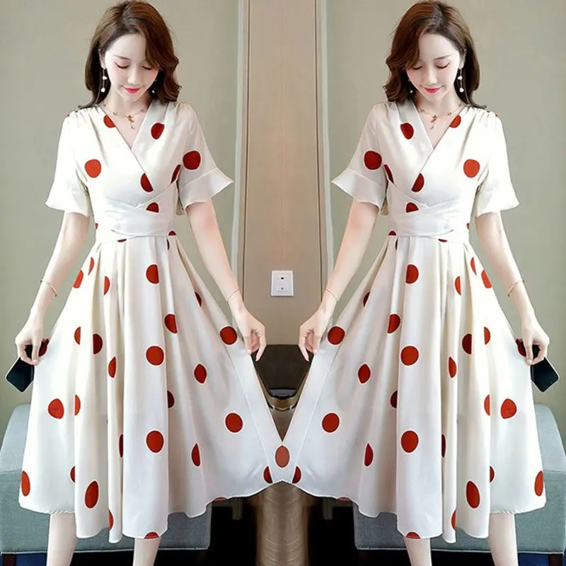 

Женское шифоновое пляжное платье в горошек, элегантная повседневная модная популярная юбка средней длины с короткими рукавами и V-образным вырезом, лето 2024