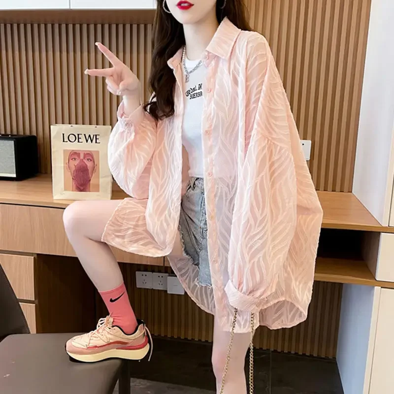 Long Sleeve Single-breasted Shirt Women Summer Lightweight Tops Sun Protection Cardigan Casual Loose Coat Home Clothes heavy industry beads single breasted sun protection shirt women summer lightweight hood embroidered shirt chiffon cardigan