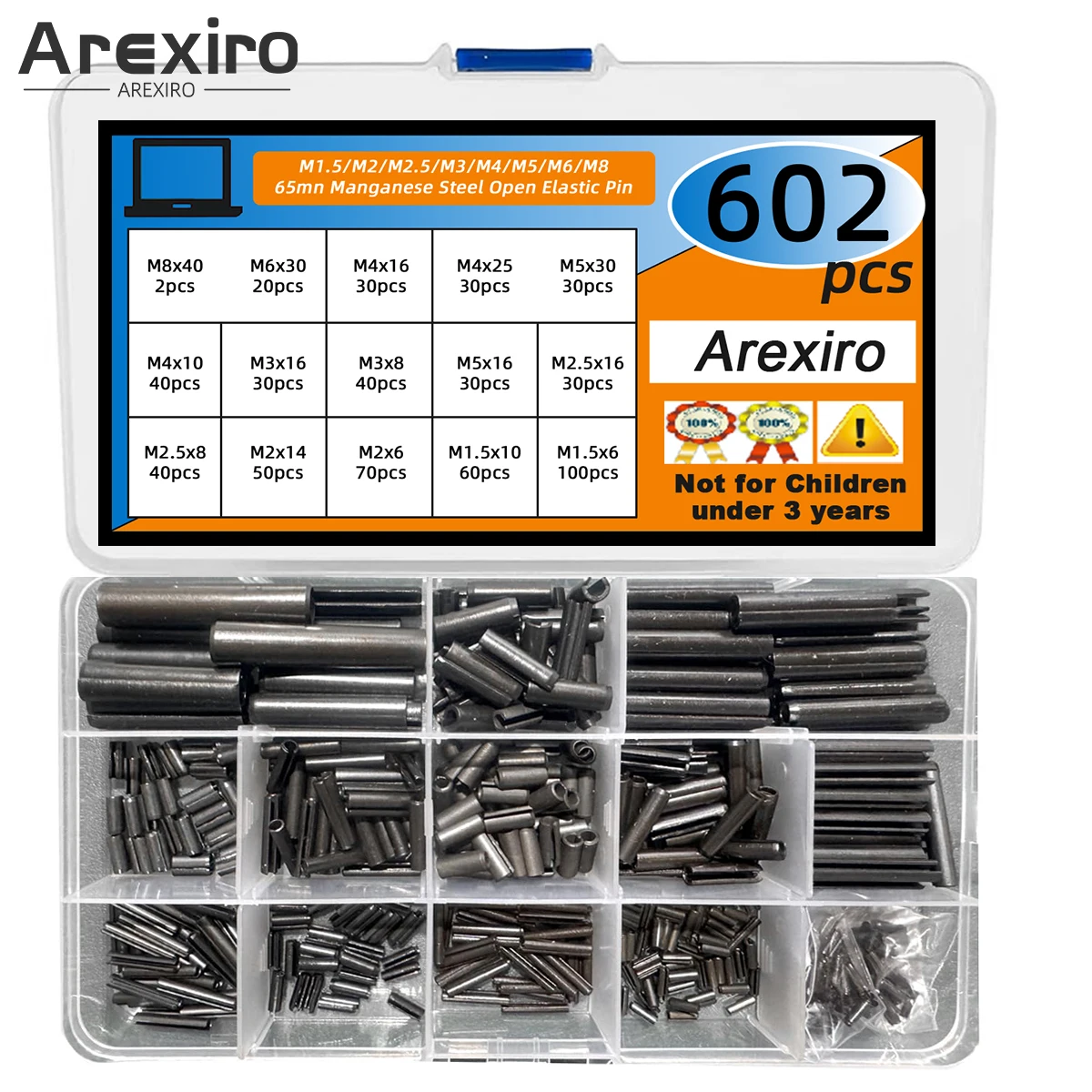 602 ชิ้นม้วน Pins Assortment ชุดเหล็ก Slotted ฤดูใบไม้ผลิม้วน Pins สารพันโลหะแยกฤดูใบไม้ผลิชุด M1.5/M2/M2.5/M3/M4/M5/M6/M8 1