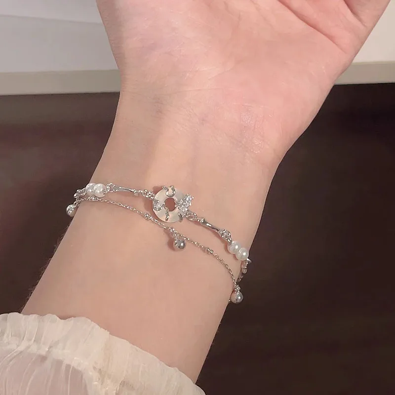 VENTFILLE 여성용 호탄 제이드 벨 팔찌, 더블 레이어 진주, 불규칙한 심플 주얼리 선물, 직송