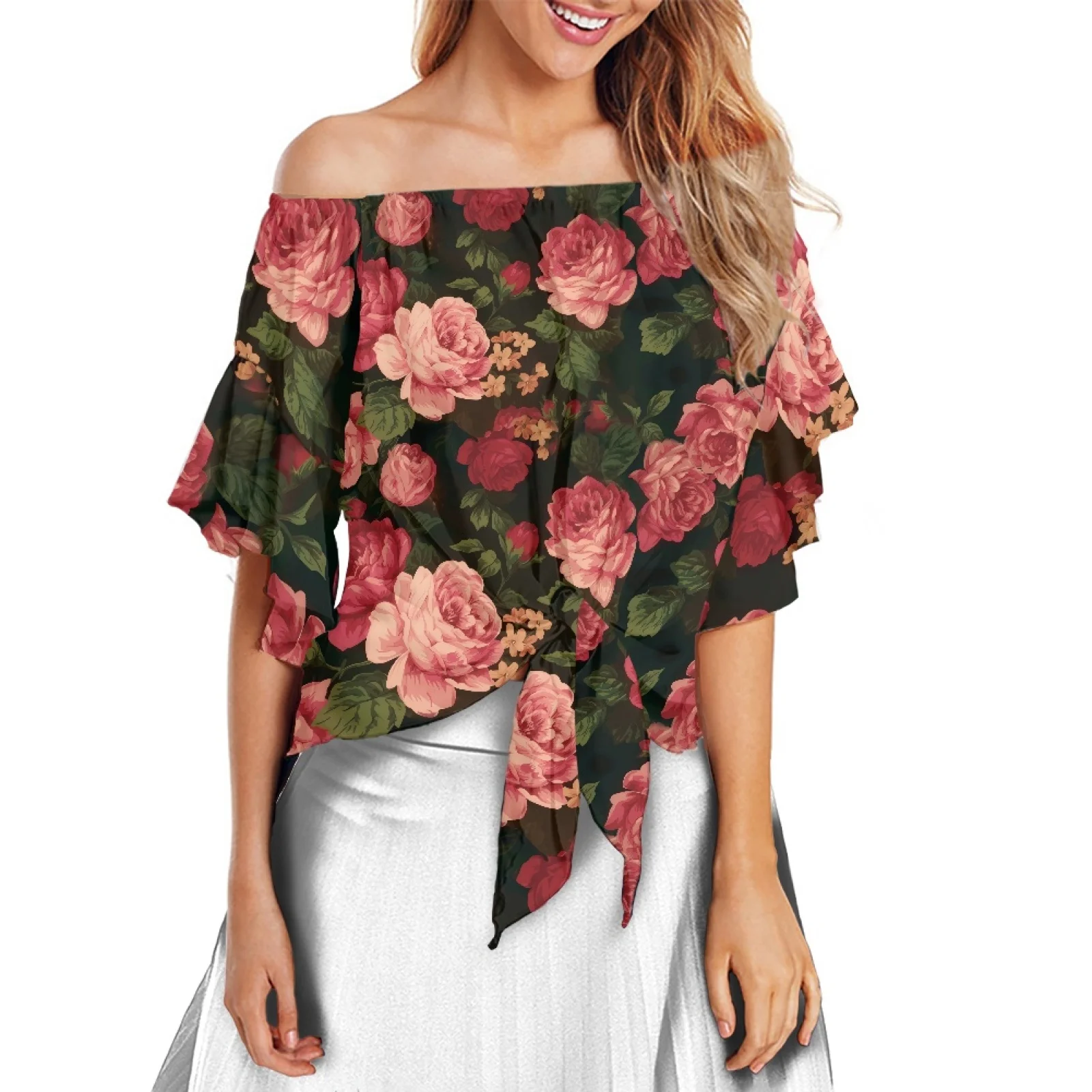 Women's Custom Peony Chiffon Top In Polynesian Tribal Print Fashion Off-The-Shoulder Summer Vacation Travel 2022