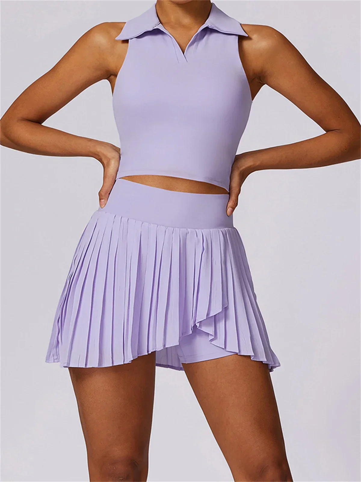 Sports Suit Outdoor Breathable Golf Tennis Women Turn Down Collar Sleeveless Top Short 2 in 1 Skirt Running Fitness