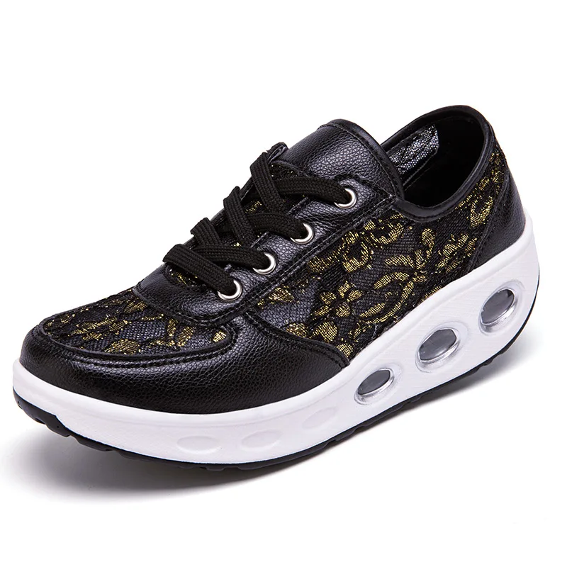 Lightweight Women Toning Shoes Lace Up Green Beige Ladies Slimming Flat Platform Swing Wedge Trainer Fitness Walking Sneaker
