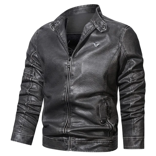 Men's standing collar leather jacket Solid retro PU leather jacket Large fashionable loose motorcycle leather jacket