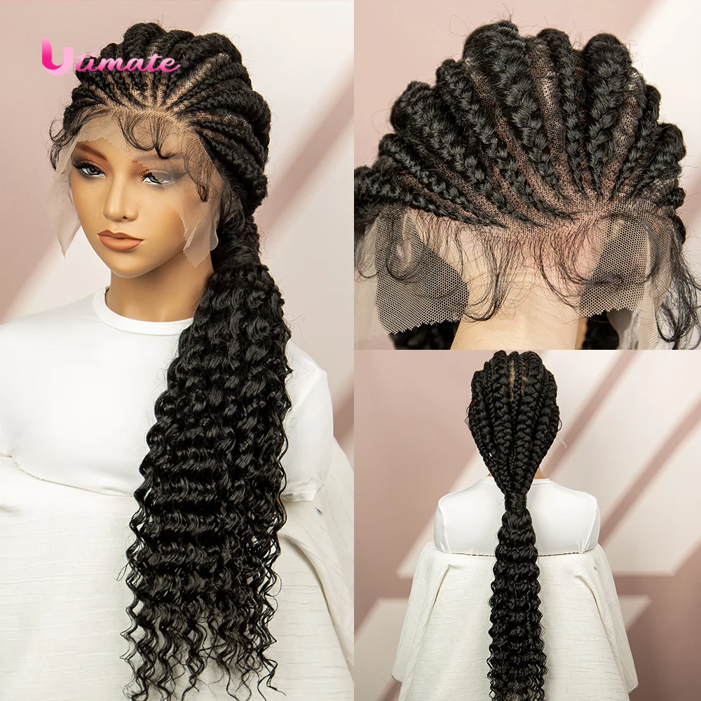 Parrucche sintetiche intrecciate olandese Parrucca intrecciata cornrow in pizzo pieno con capelli del bambino Parrucca piena in pizzo Trecce protettive da 30 pollici