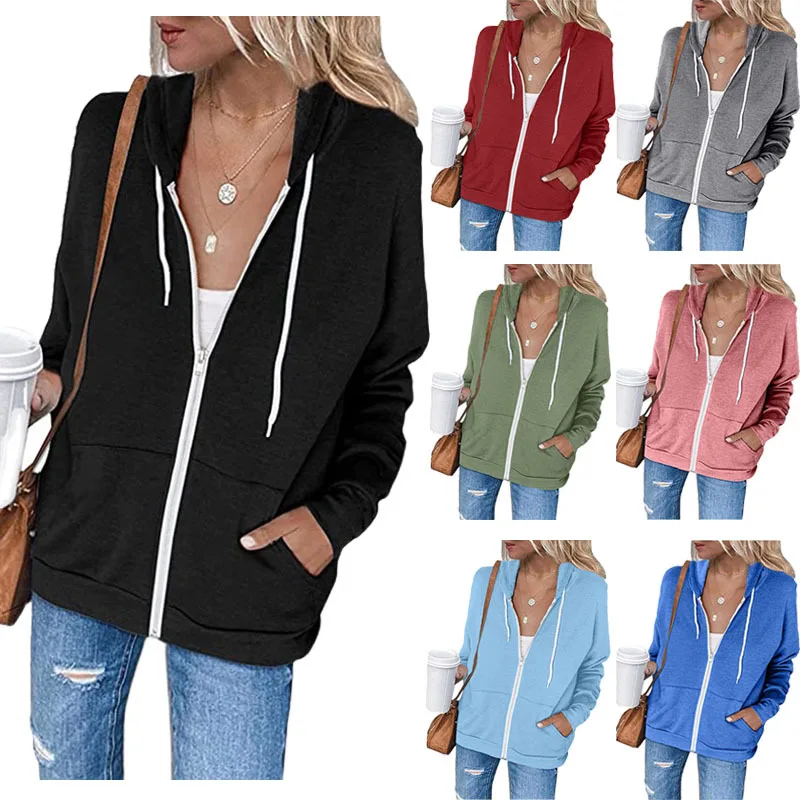 

Autumn/Winter Solid Long Sleeve Pocket Drawstring Hooded Zipper Thickened Sweater