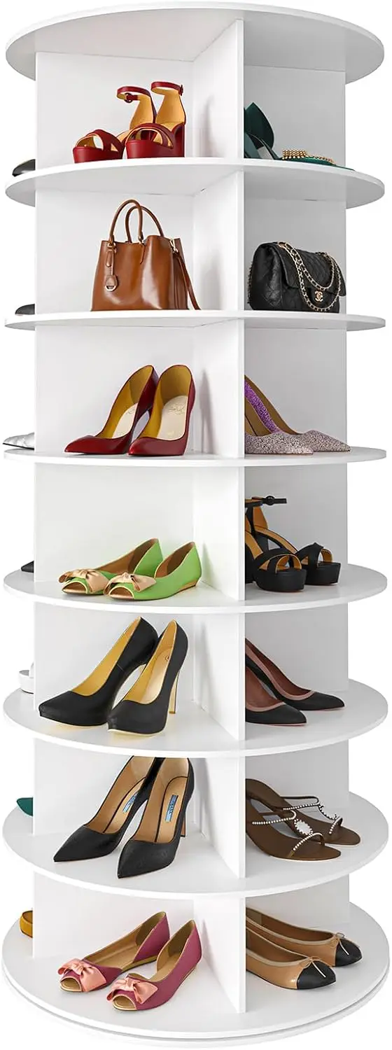 7 Tier Rotating Shoe Rack Tower Spinning Shoe Display Lazy Susan, Revolving 360 Rack Storage Round Carousel White