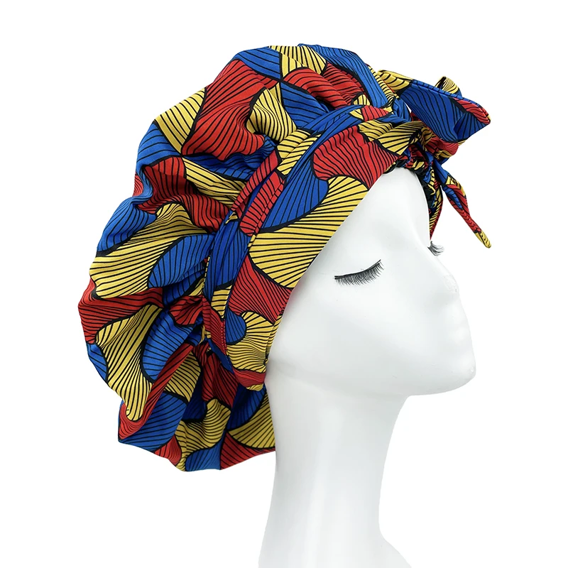 New African Ankara Pattern Satin Linned Bonnet Women Long Ribbon Headwrap Double Layer Headscarf Big Size Adult Hair Cover 4