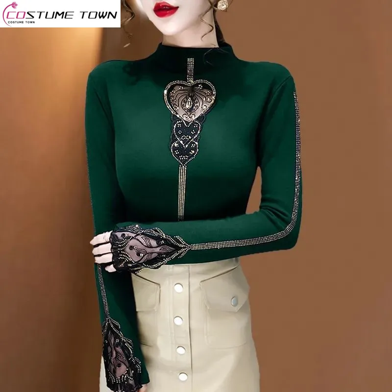 

2023 Autumn/Winter Korean Version New Hollow Out Hot Diamond Half High Neck Double Sided Fleece Slim Fit Lace Versatile Top