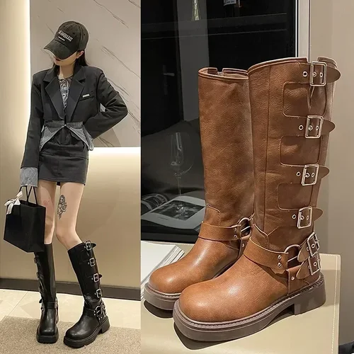 여성용 무릎 높이 플랫폼 부츠, 우아한 로우 힐 트렌드, 펑크 고딕 신상 록 가죽 패션, 오토바이 신발 2