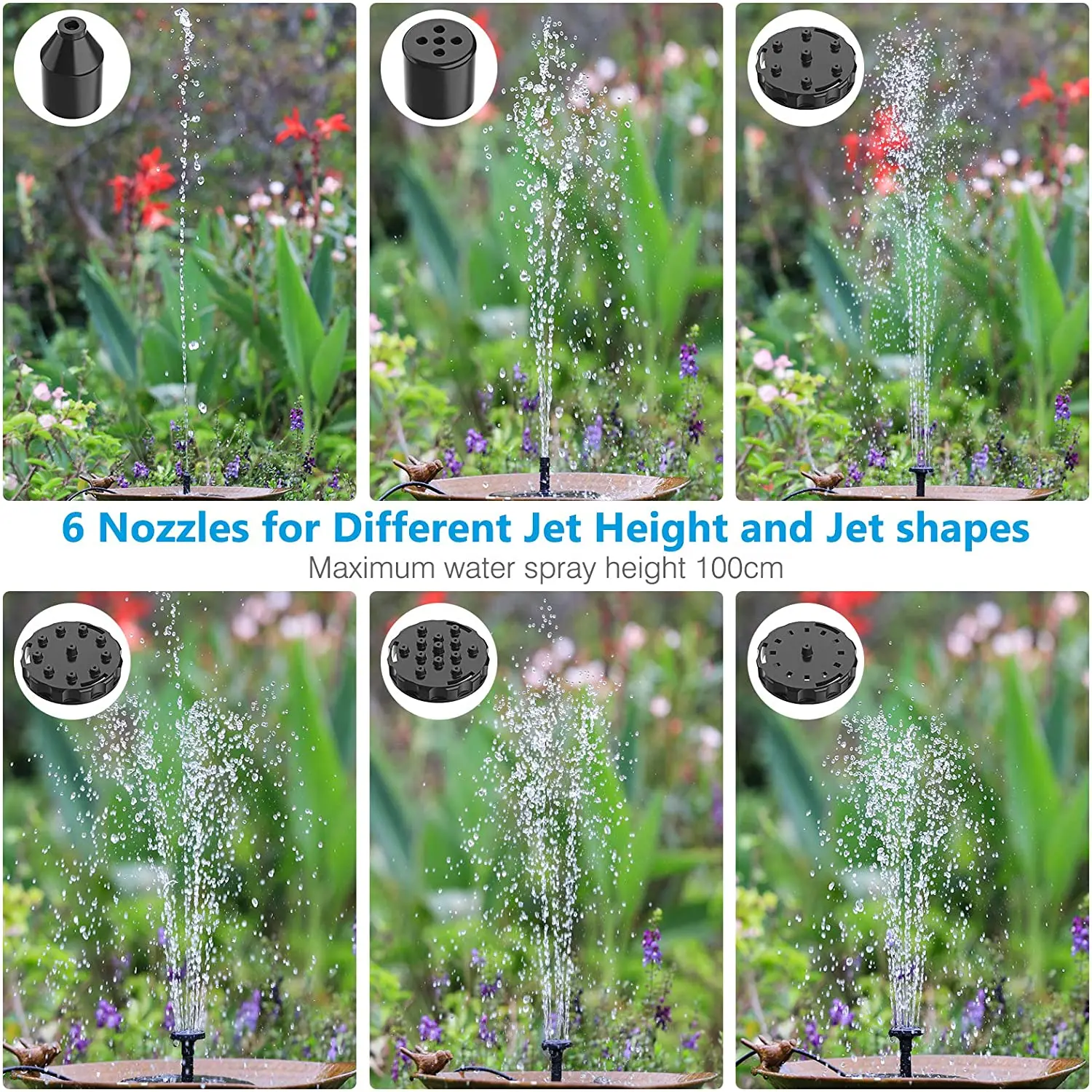 Solar Fountain Solar Fountain Pump Solar Water Pump 5.5W Solar Fountain Pump Built-in 1500mAh Battery with 6 Nozzles for Bird Bath