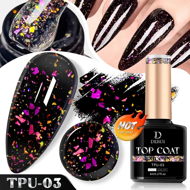 DEROI Auroral Flash Top Coat for Nail Art Manicure No Wipe Dot Top Coat Laser Glitter Topcoat Varnish Seal UV Gel Polish 8ml 5
