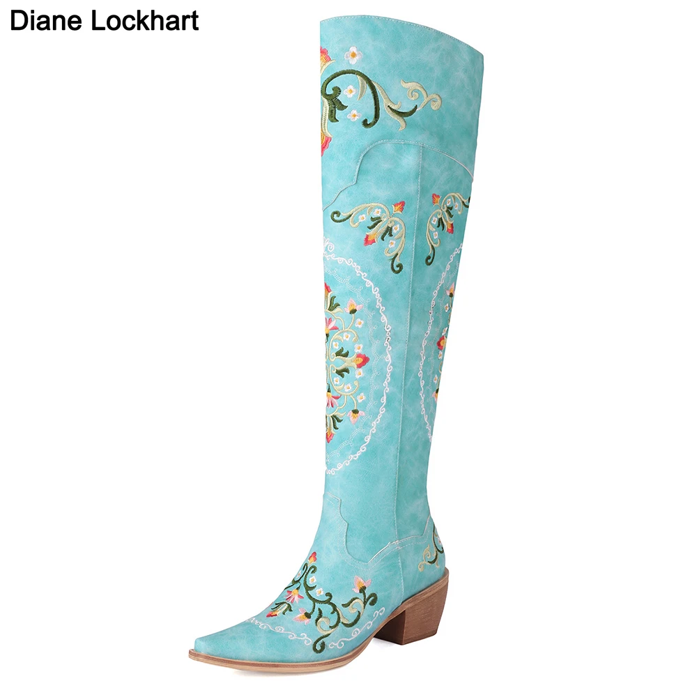 CUCCOO SZL Women's Retro Floral Embroidery Knee-High Heeled Boots | ChicGrl