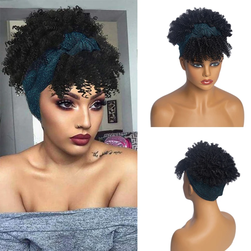 

Short Puff Curly Headband Wig Ombre Afro Kinky Curly Wig with Scarf Synthetic Heat Resistant Turban Wrap Wigs for Women Cosplay