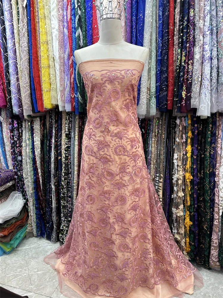 

Latest 5 Yards African Sequins Lace Fabric High Quality Nigeria French Tulle Mesh Lace Fabric For Bridal Material