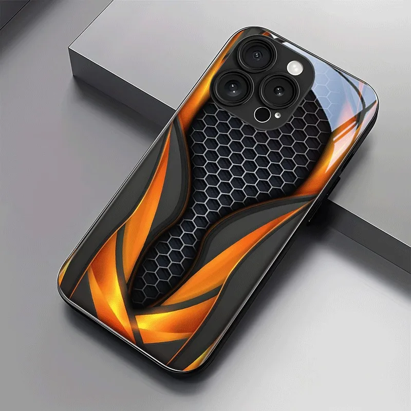 Sleek Honeycomb Pattern Tempered Glass Phone Case - Black and Orange Edition