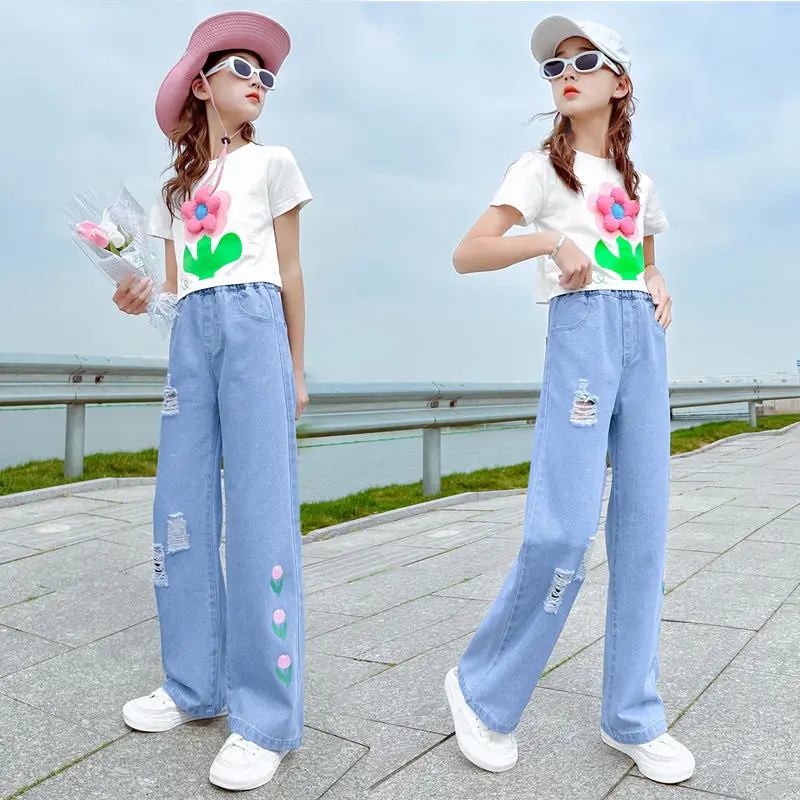 

Летние комплекты одежды для девочек, модная детская футболка с коротким рукавом и джинсовые широкие брюки, детская одежда для подростков 6, 8, 10, 12, 14 лет