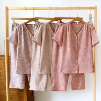 2026 Spring/Summer New Women's Pajama Set 100% Cotton Short Sleeve+Capris Two Piece Set for Large Flower Thin Home Furnishing - Image 2