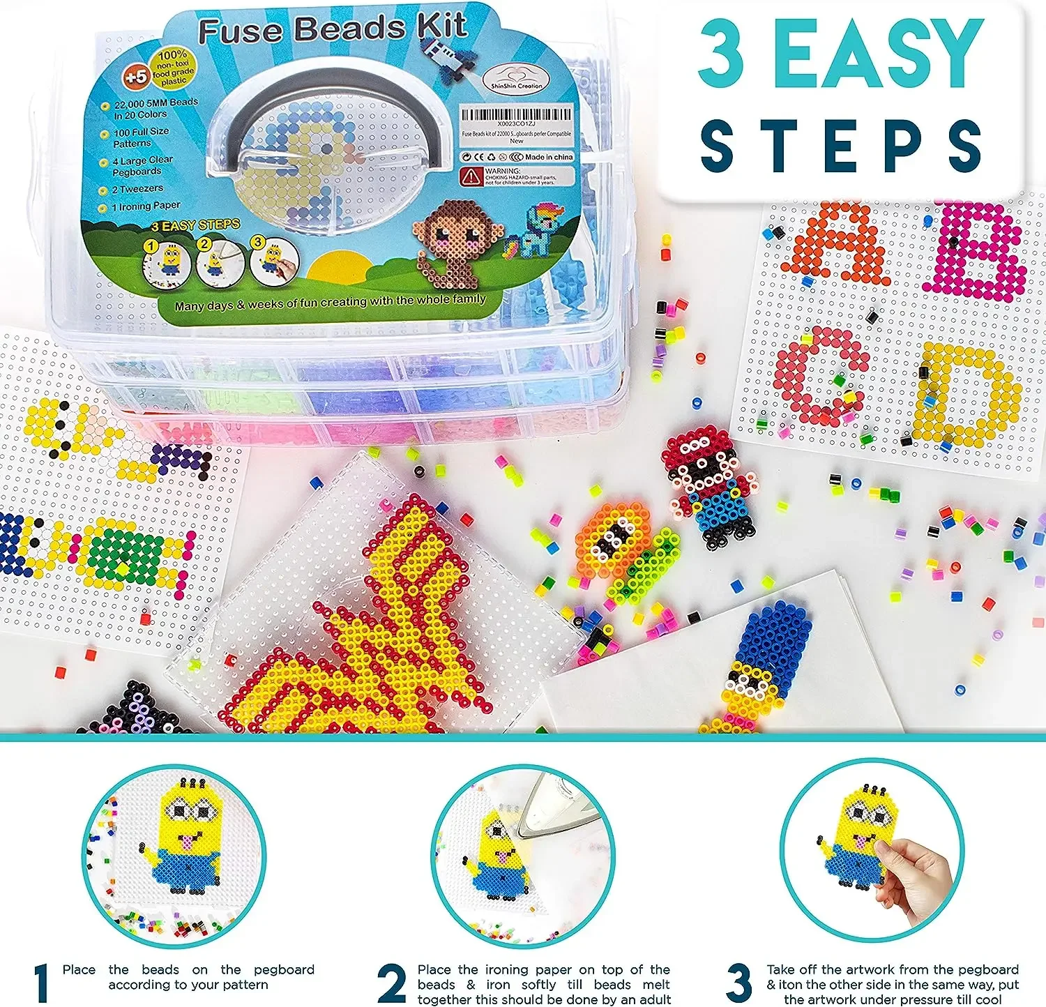 2000pcs 5mm Fused Beads Kit Hama Bead Box Iron-on Paper Beads, Peg Board, Rich Accessories, Fusion Beads for Girls Gifts 4
