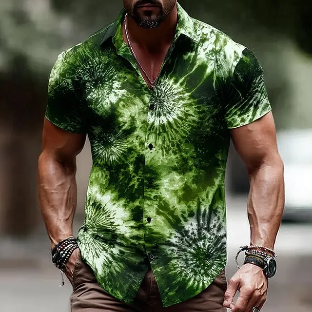 Chemise pour homme à imprimé tie-dye dégradé 3D, col rabattu, manches courtes, boutonnée, bleu, violet, vert, pour le printemps et l'été 1