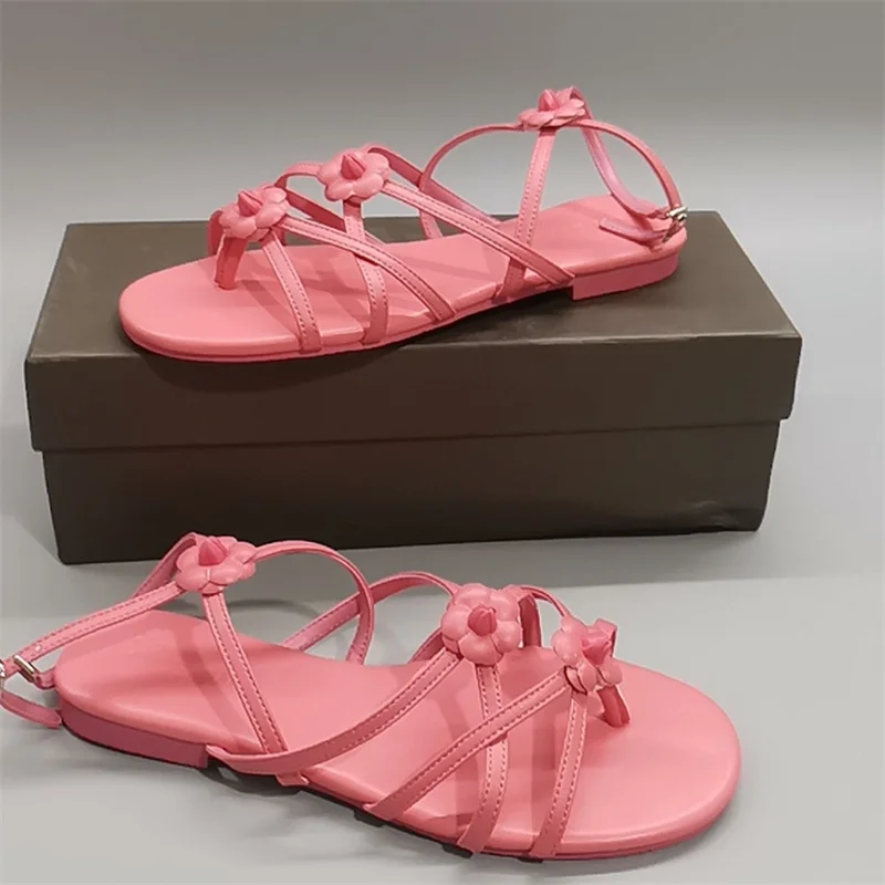 

Сандалии женские с открытым носком, однотонные туфли с цветочным принтом, поперечный ремешок, плоский каблук, с вырезами