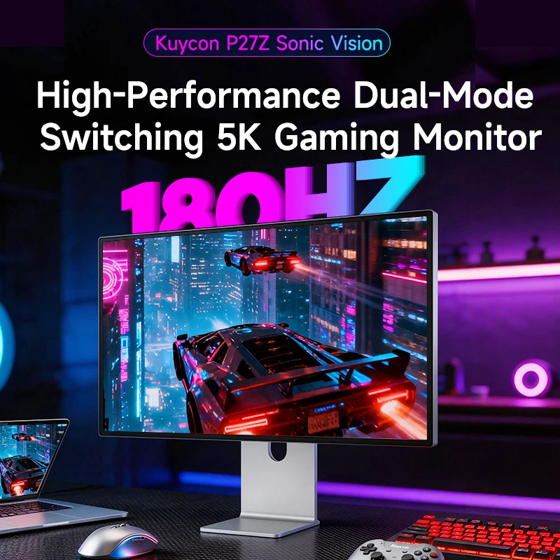 KUYCON P27Z 27인치 5K 180Hz 멋진 사운드와 비전을 제공하는 트리플 스크린 모니터, 게이밍 데스크탑용 알루미늄 수직 모니터