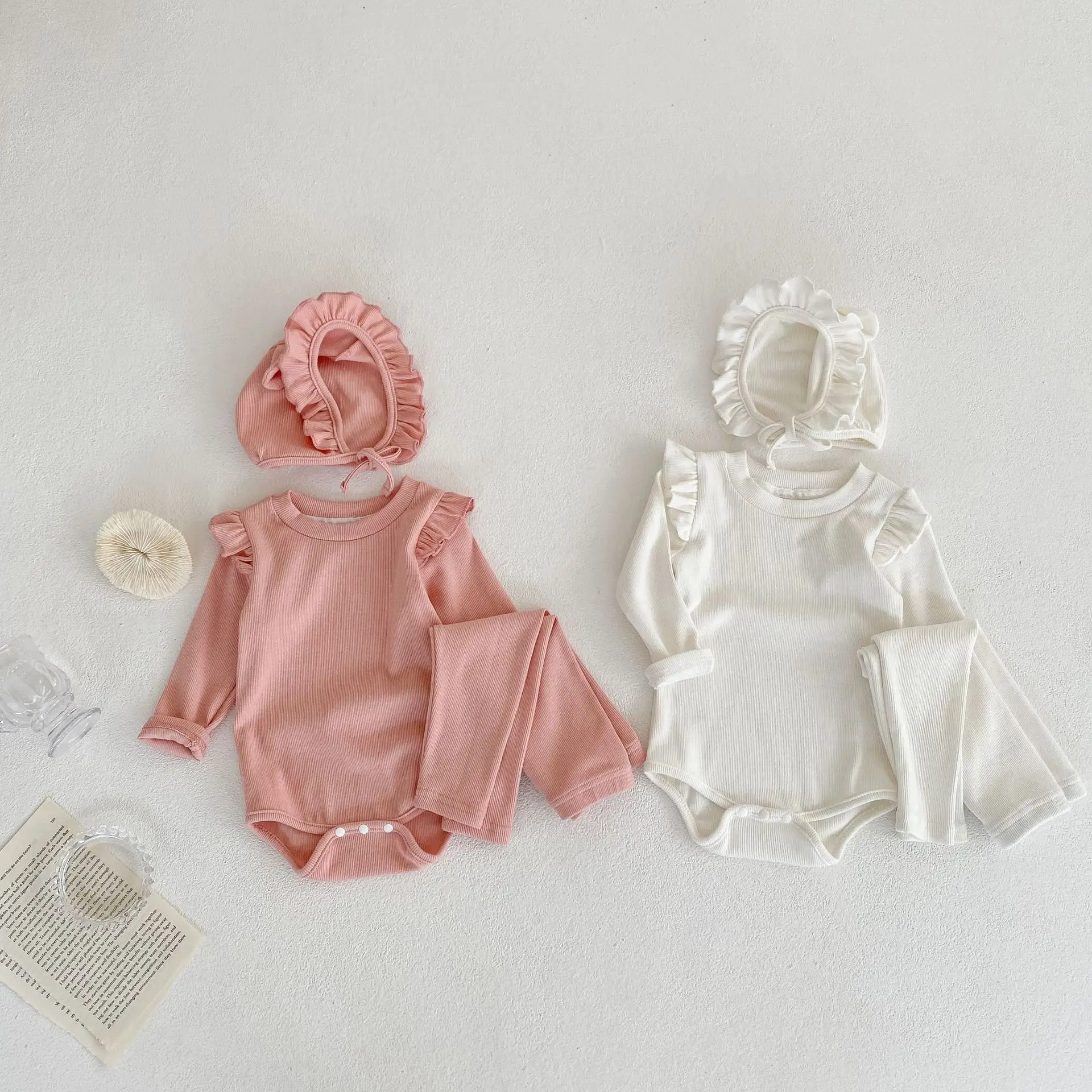 

Baby Girls Plain Long-Sleeved Ruffled Bodysuits + Hat + Pant Sets Toddler Cotton 3 Pieces Outfit Clothing For 0-24 Months