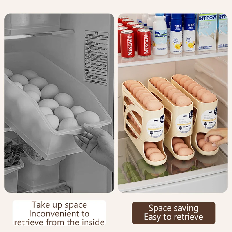 4 Layers Automatic Rolling Egg Holder Rack Fridge Egg Storage Box Container Kitchen Refrigerator Egg Dispenser Fridge Organizer