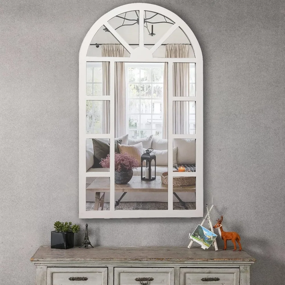 Rustic Wooden Arched Window Mirror 24x40" Distressed White Farmhouse Wall Decor for Living Room Bedroom