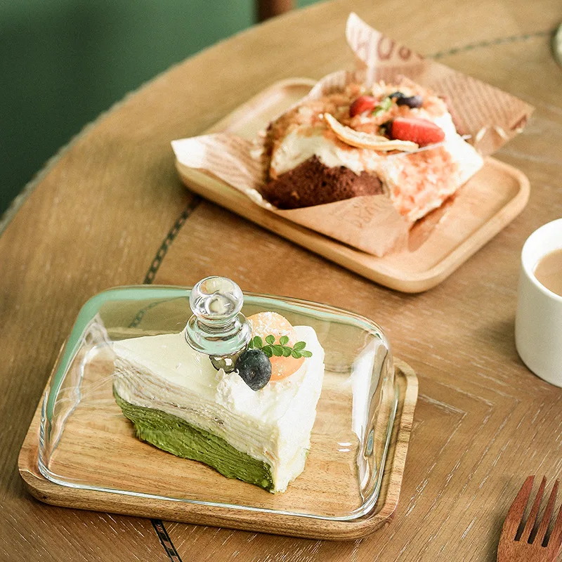 Wooden Square Cake Tray Bamboo and Glass Butter Dish Snack Display Tray Dessert Table Decoration with Glass Cover 4
