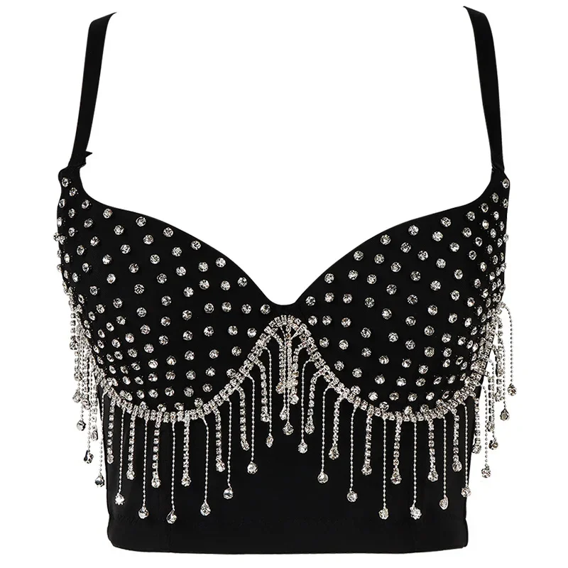 

Sexy Women's Fringe Tassel Bodysuit with Beaded Rhinestone Push-up Bra and Steel Ring, Perfect for Belly Dance Performances