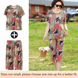 Summer Round Neck Short Sleeve T-shirt Seven-point Pants Ice Silk Suit Women's Clothing Mother's Attire 2-piece Set Printing