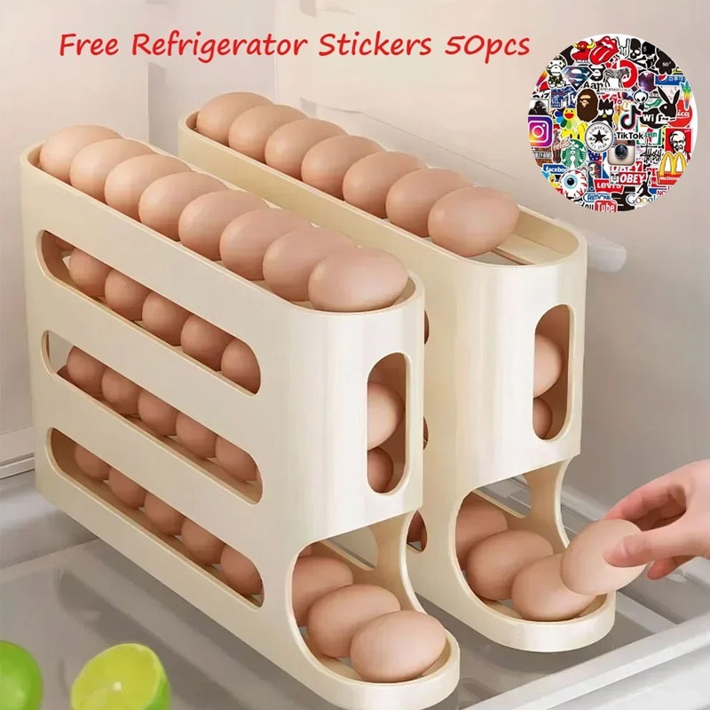 4 Tier Rolling Egg Rack Refrigerator Egg Organizer Container Kitchen Refrigerator Egg Splitter FREE Refrigerator Sticker 50pcs