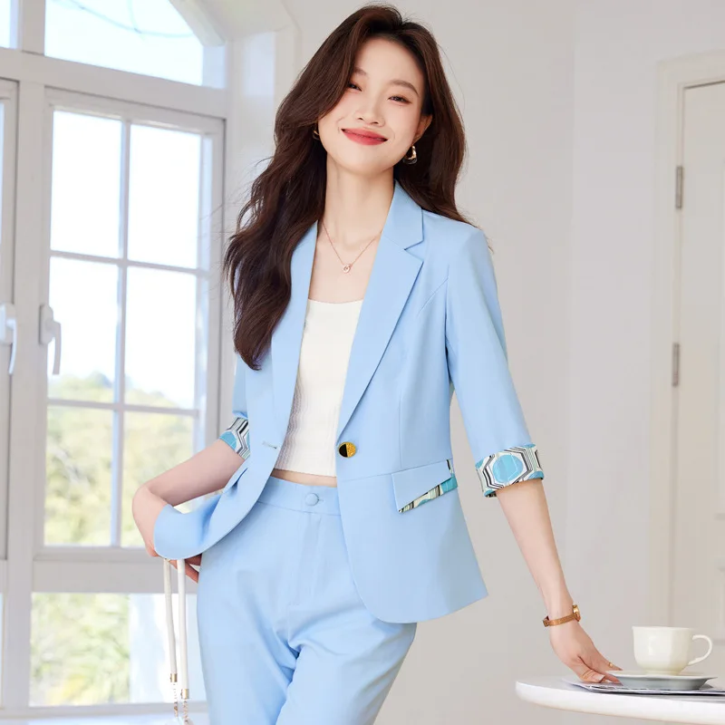 

Spring and Summer New Half Sleeve Business Suit Women's Slim Fit Fashionable Suit Cropped Pants Beauty Salon Workwear