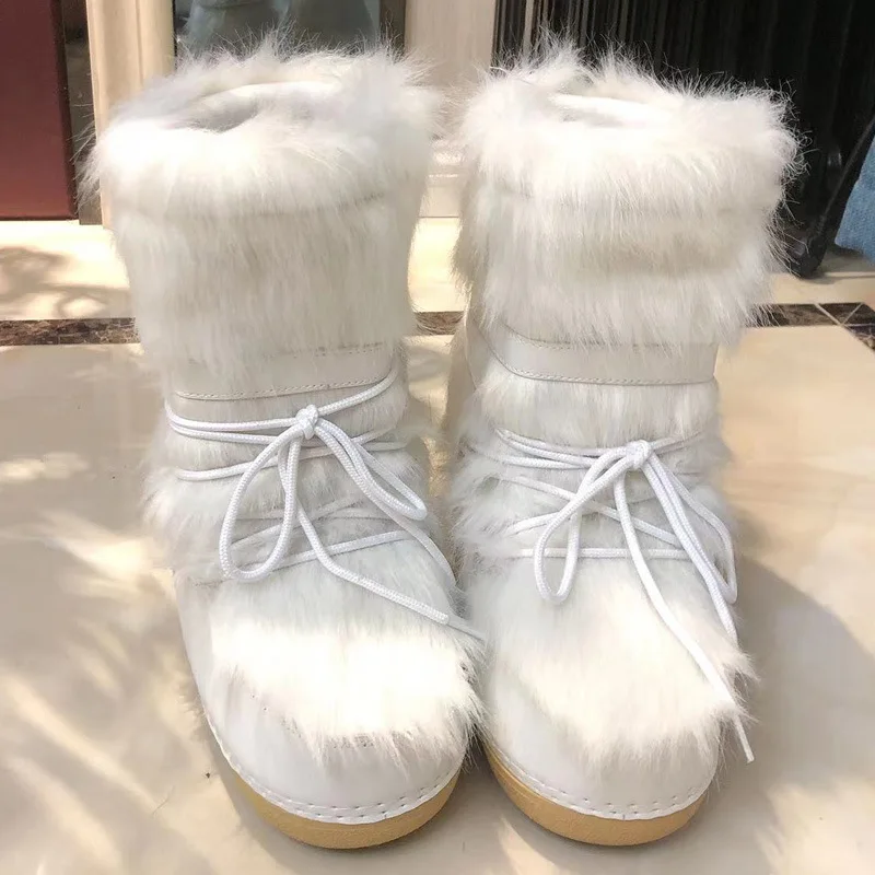 2023 Winter Snow Boots Women Ski Boots Fluffy Hairy Lace Up Middle Calf Platform Flat With White Ski Boots