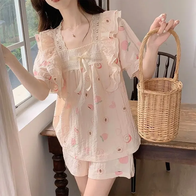Sleepwear Women Summer Kawaii Clothes Pajamas Set Lace Cotton Pajamas Square Neck Long-sleeved Shorts Two-piece Set Ruffle