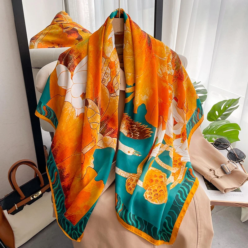 

Spring Autumn Imitated Silk New Design Travel Beach Shawl Ladies Lotus Flower Printed 110cm Square Multi Funciton Hijab Scarf