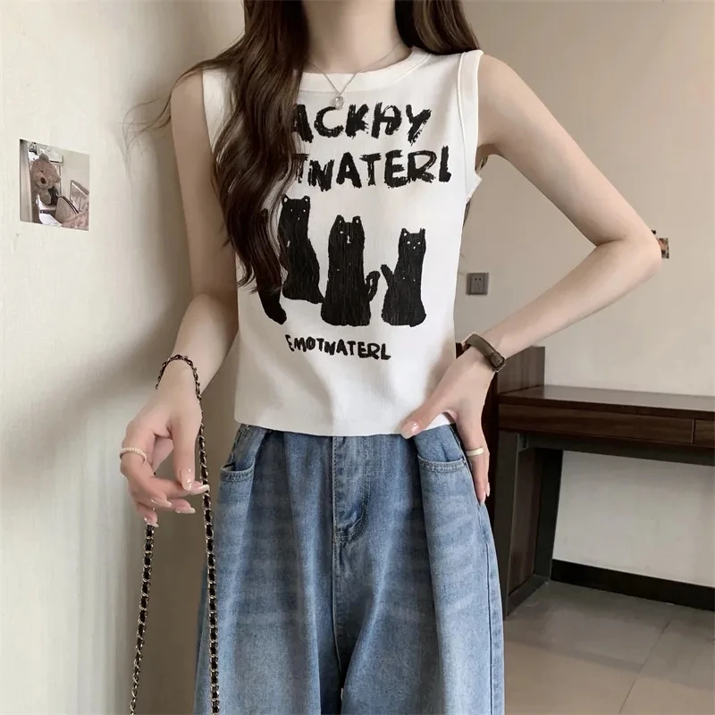 

Summer Casual Pullover Tank Women Loose Knitted Top Gentle Vacation Beach Hollow Out Vest Blouse Mystery Cat Animals