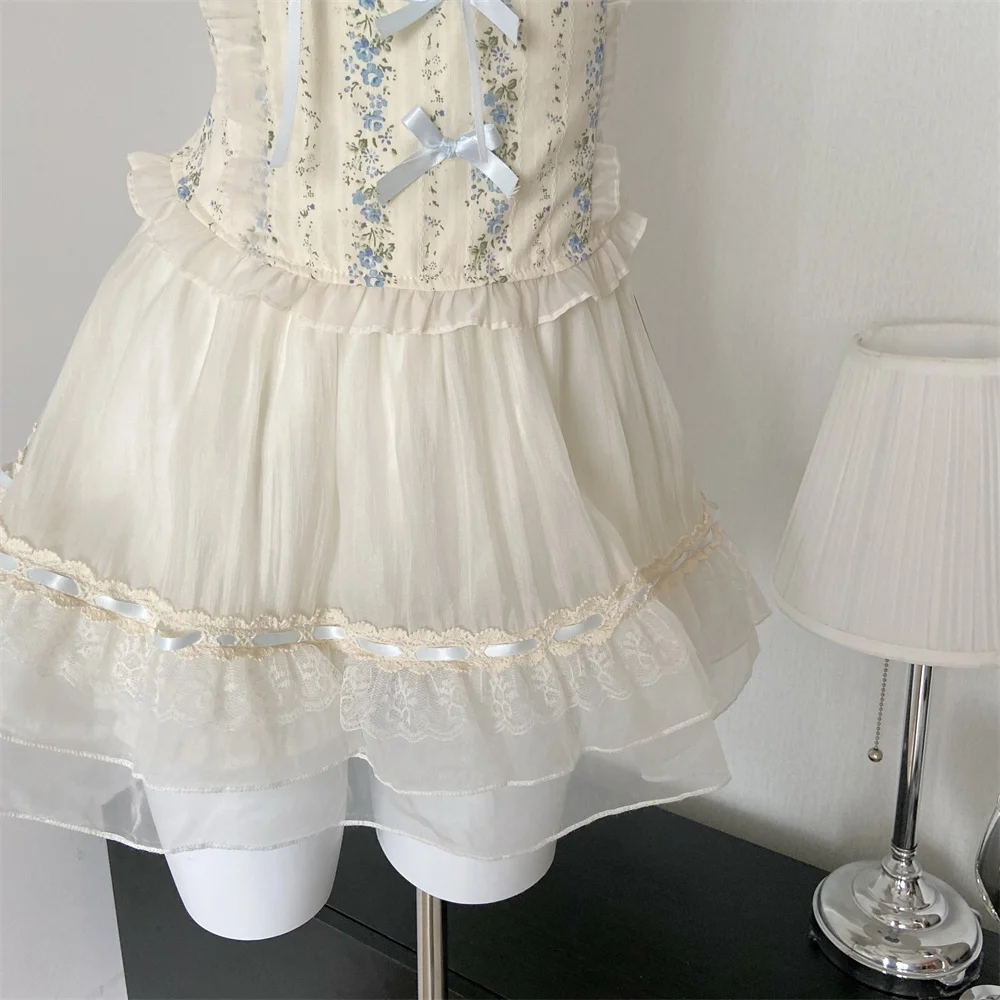 Y2K Two-piece Skirt Set Off Shoulder Square Collar Lace-up Cropped Top A-line Mini Skirt Sweet Summer New Slim Princess Outfits